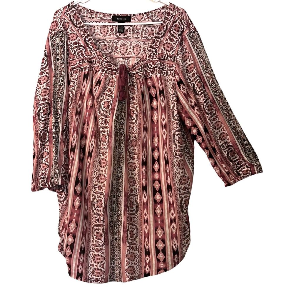 Style & Co Top Size XXL Red Pullover Geometric Pattern Tassel 3/4 Sleeve Boho